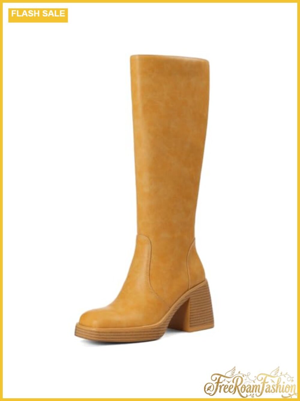 Womens Knee High Platform Boots Chunky Block Heel Square Toe Faux Leather